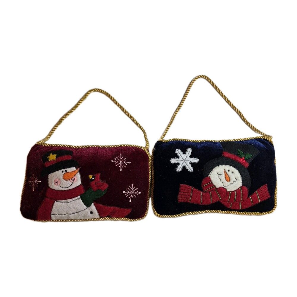 Christmas Snowman Velvet/Felt Hanging Mini Pillows Lot Of 2 Gold Rope Trim
